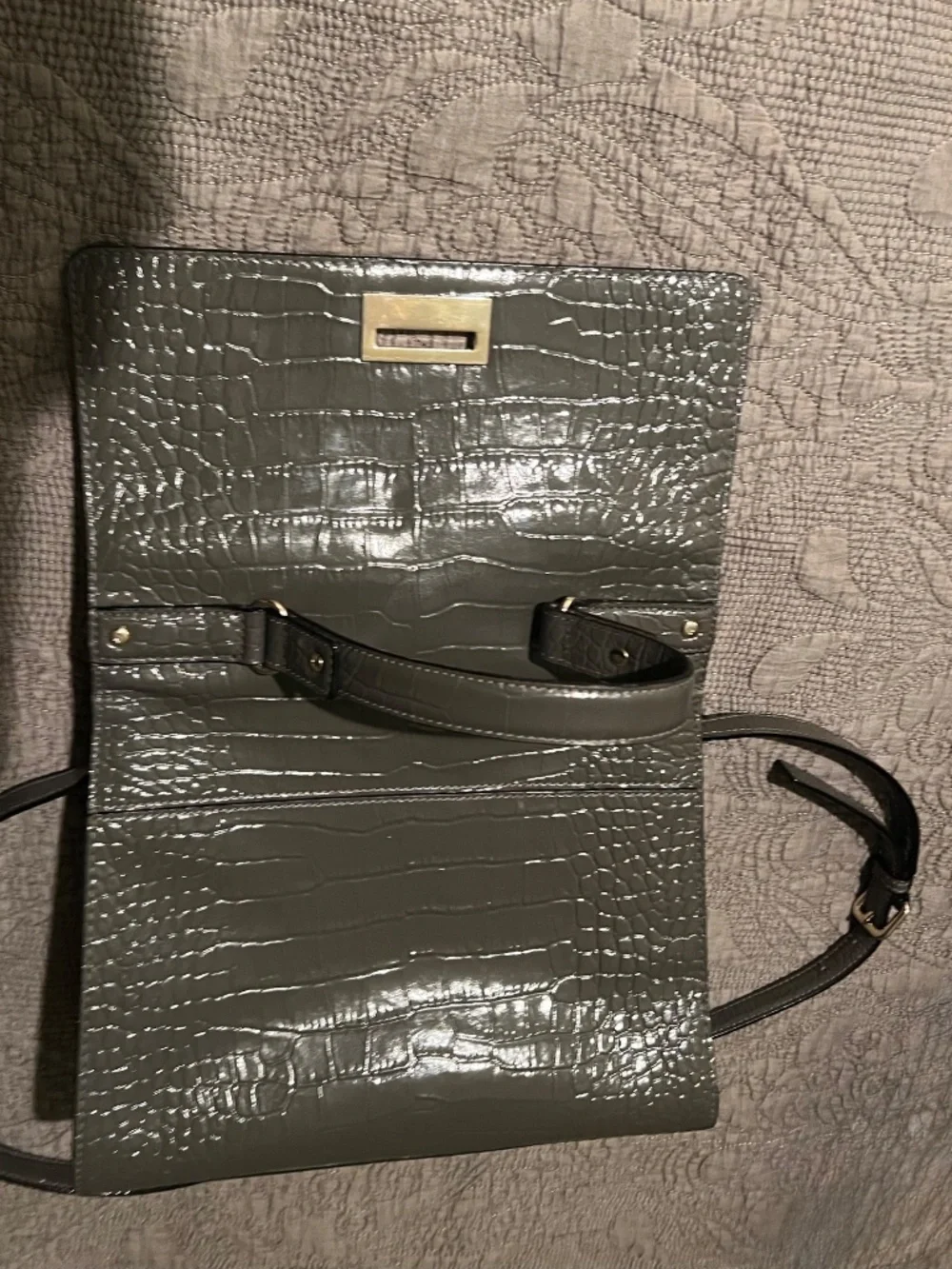 Kate Spade Doris Croc Embossed Dark Gray Patent Structured Tote Bag w/ 2 Handles